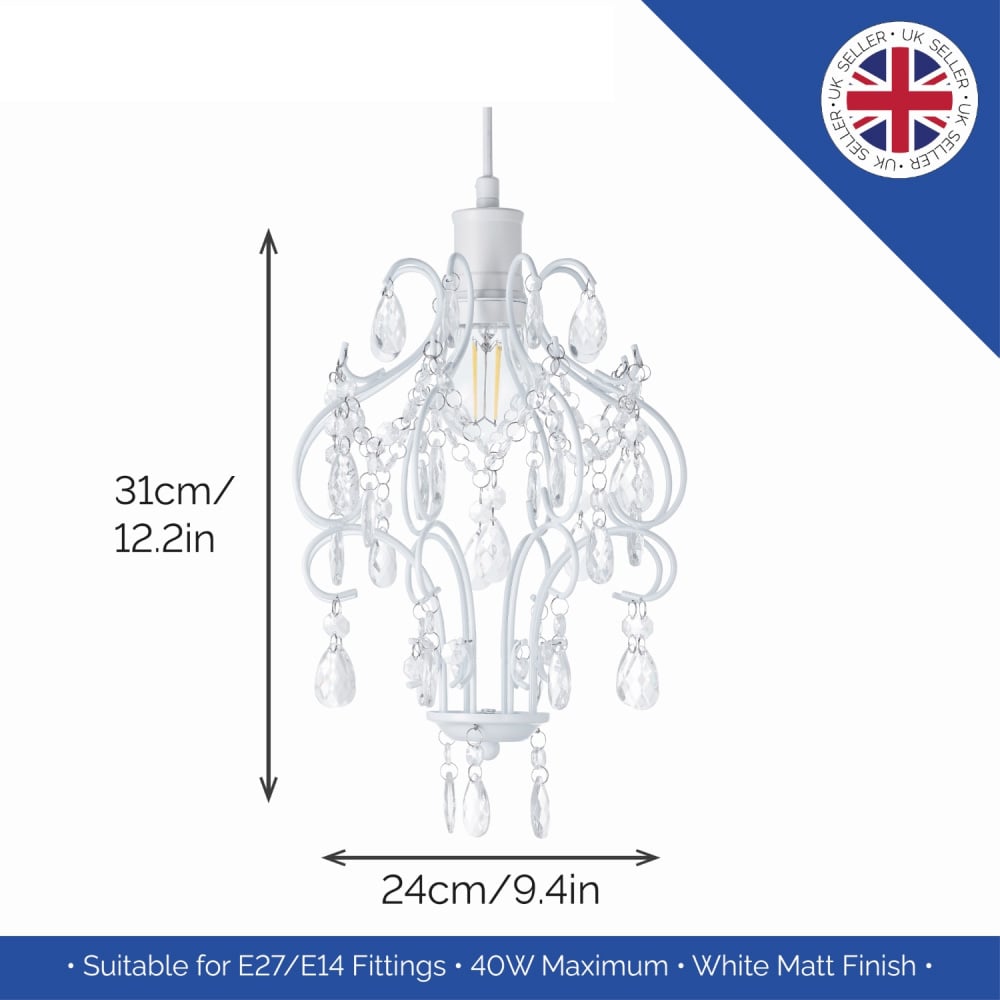 Happy Homewares Matt White Chandelier Style Pendant Shade with Clear Acrylic Droplets Image 7