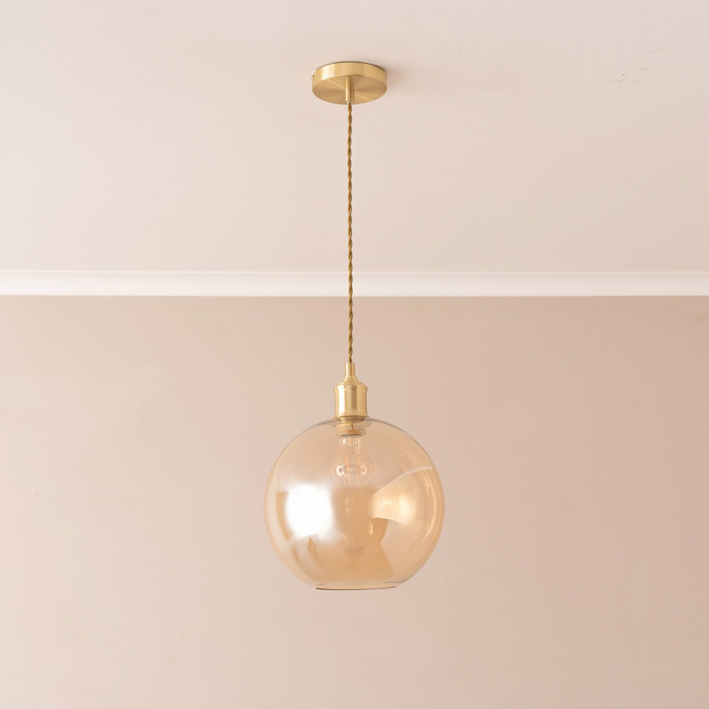 ValueLights Bellamy Single Amber Glass Globe Brushed Gold LED Ceiling Pendant Light Image 5
