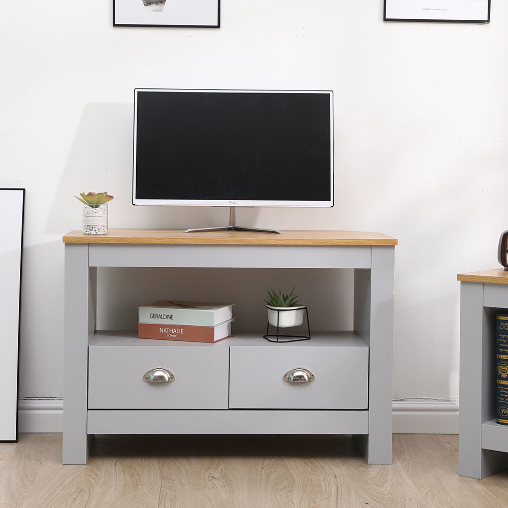 FurnitureHMD 2 Drawer Single Shelf Grey and Oak Effect Wooden Corner TV Unit Image 9