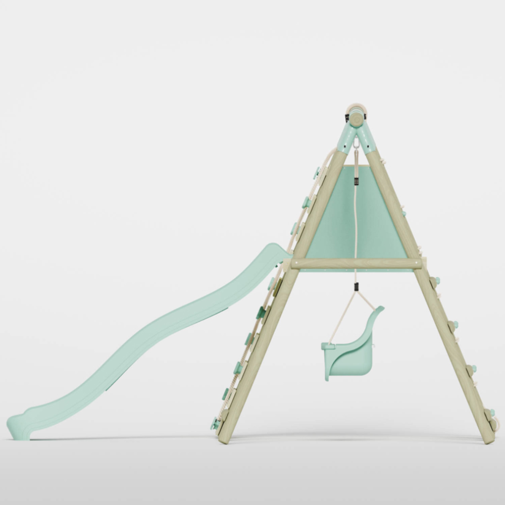 Mercia Wooden Round Pole Baby Seat Swing Set with Climbing Wall and Slide Image 5
