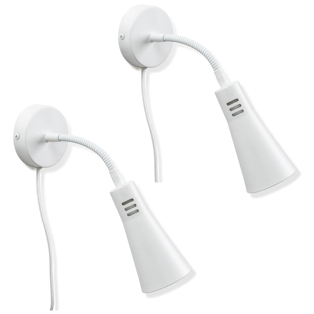 ValueLights Edwards Flexi Neck White Cone Plug-in LED Wall Light 2 Pack Image 1