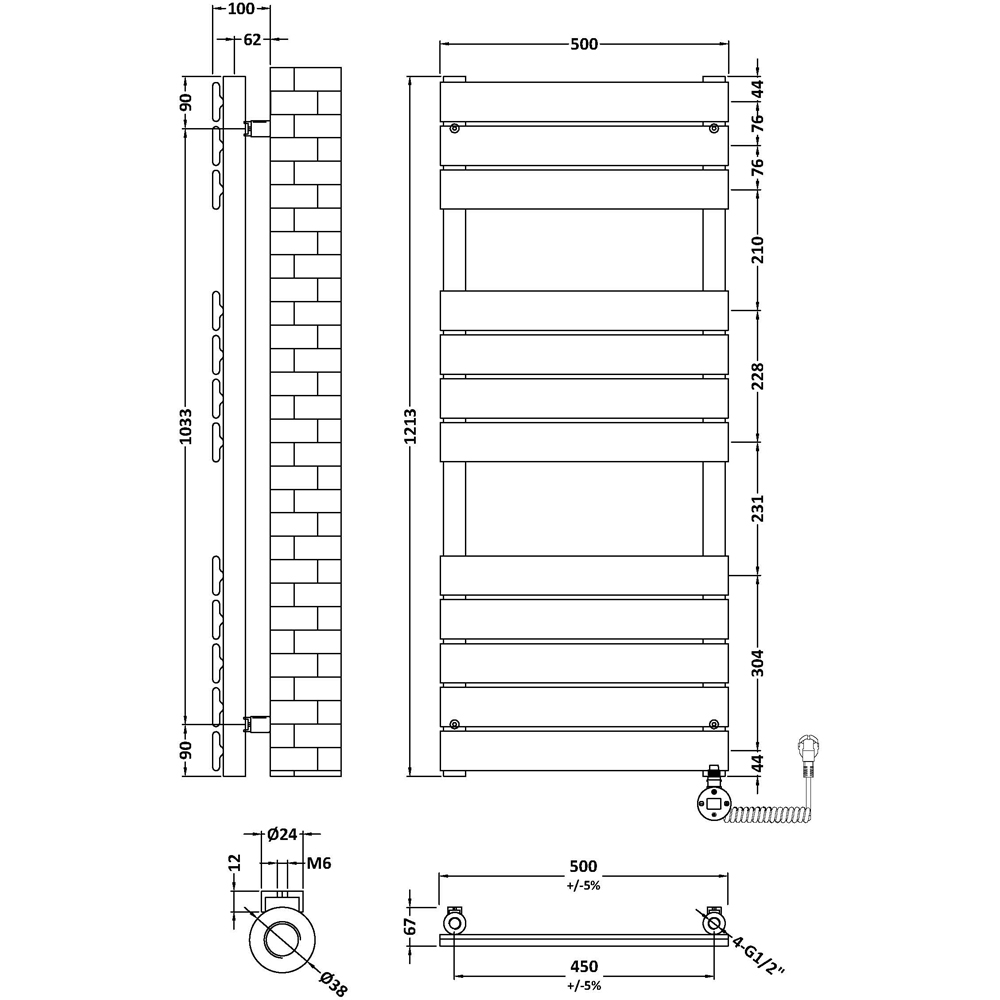 nuie Hudson Reed Brushed Brass Electric Square Flat Towel Rail 1213 x 500mm Image 2