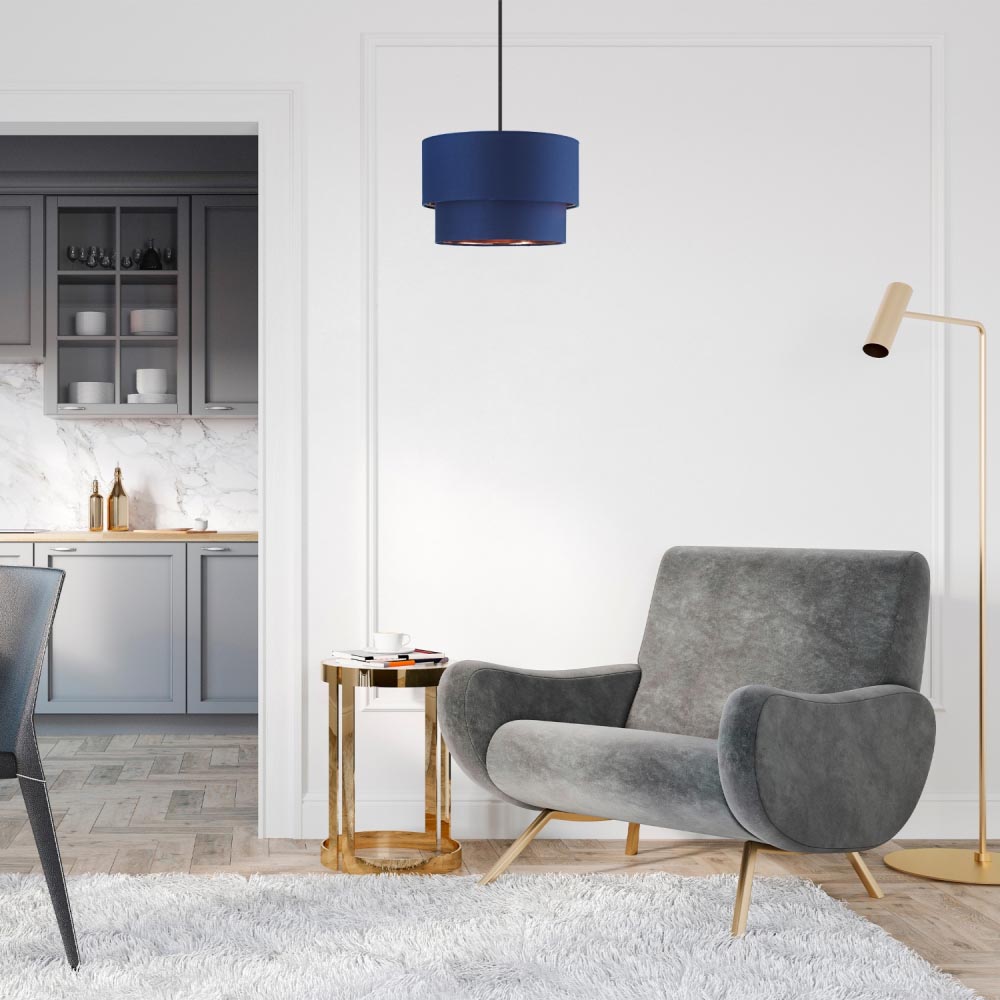 Happy Homewares Modern 2 Tier Midnight Blue Cotton Pendant Shade with Copper Inner Image 2