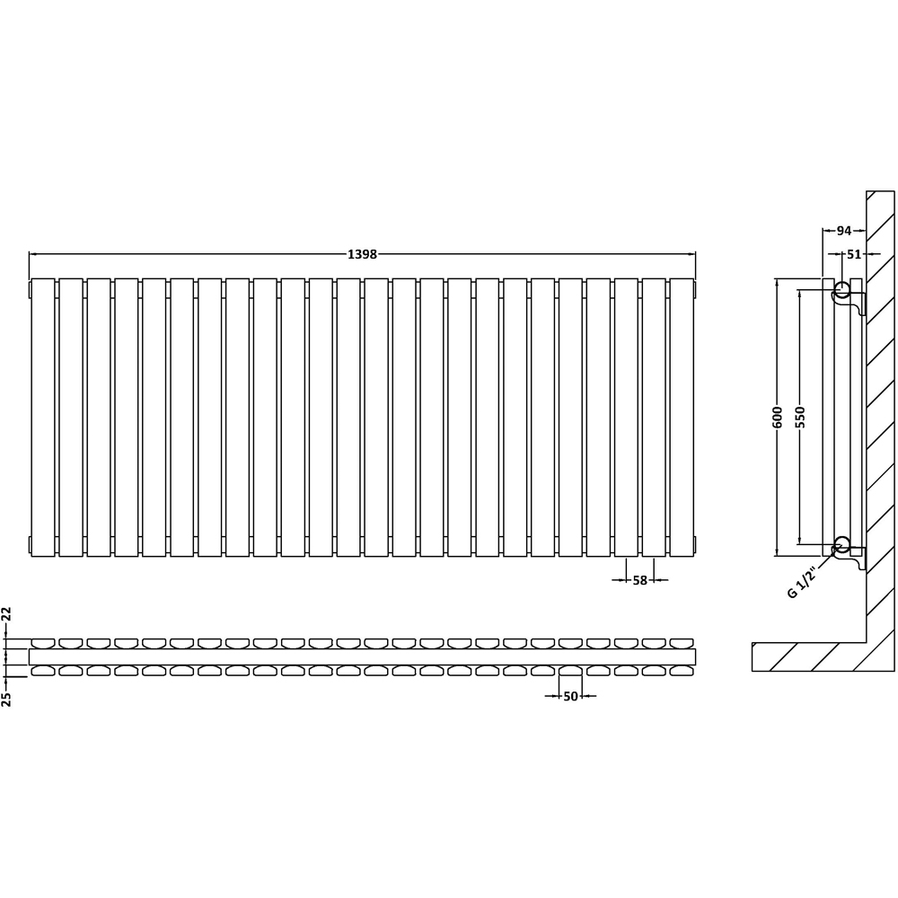 nuie Sloane Horizontal Satin White Double Panel Radiator 600 x 1398mm Image 3