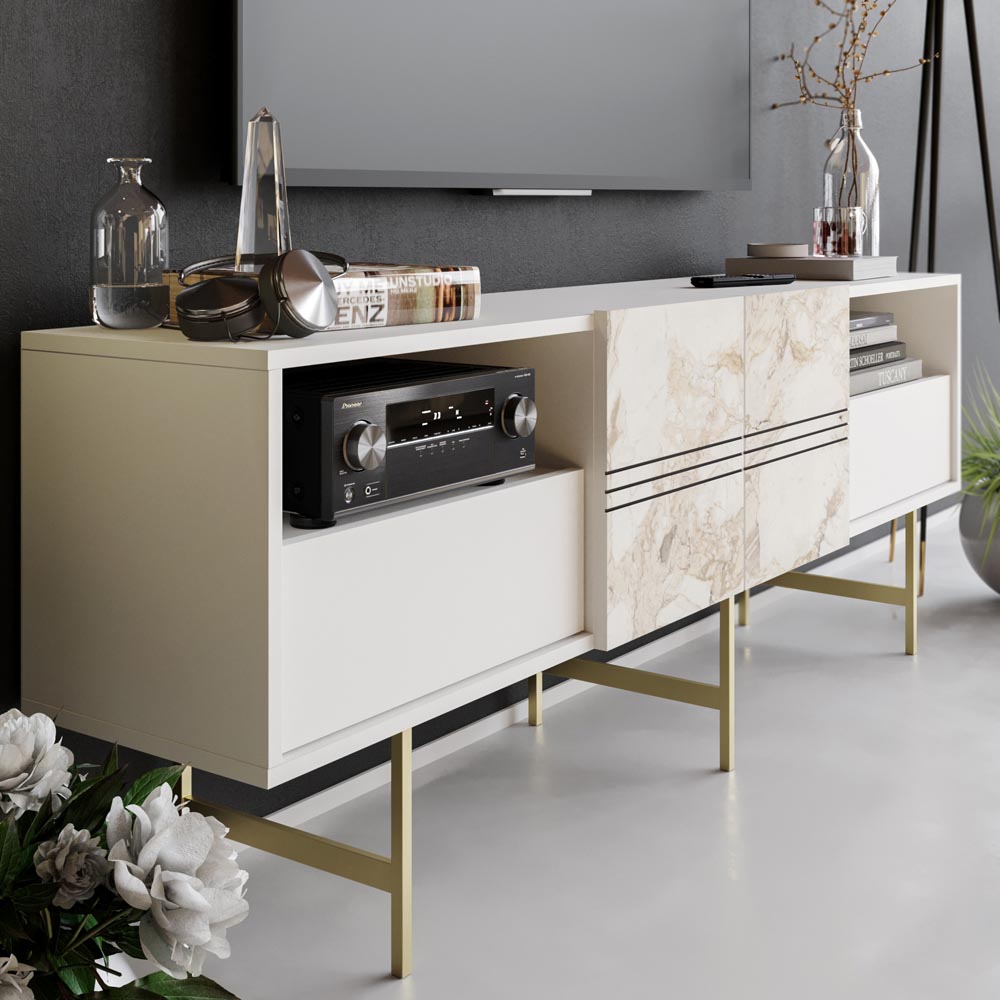 Decorotika Derin White Marble and Gold TV Unit Image 3