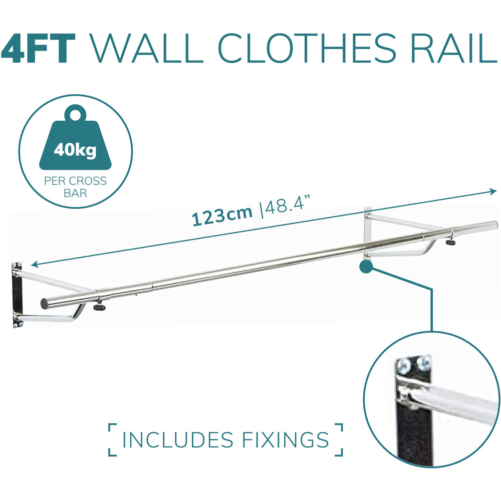 House of Home Silver 4ft Wall-Mounted Clothes Rail Image 4