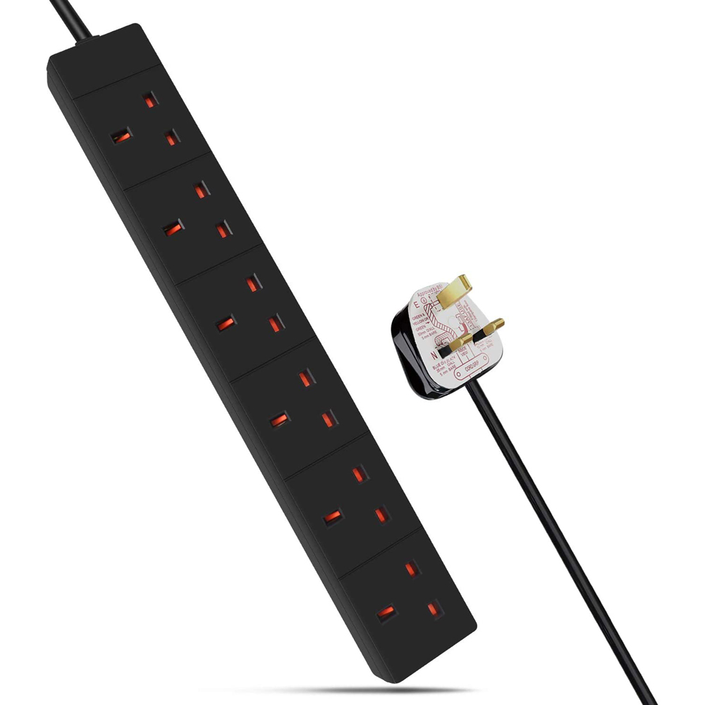 ExtraStar 6 Way 13A Black Extension Lead 1m Image 1