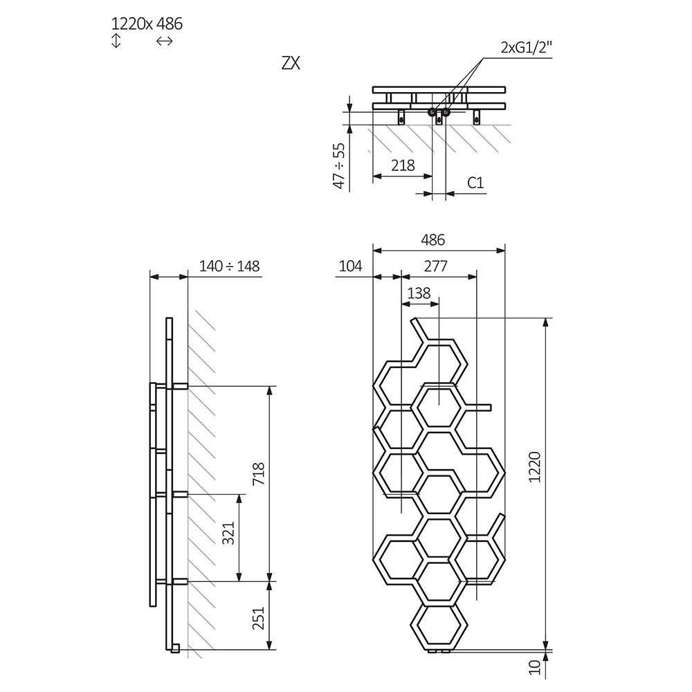 Terma Hex 1180BTU Soft Matt Black Radiator 1220 x 486mm Image 9
