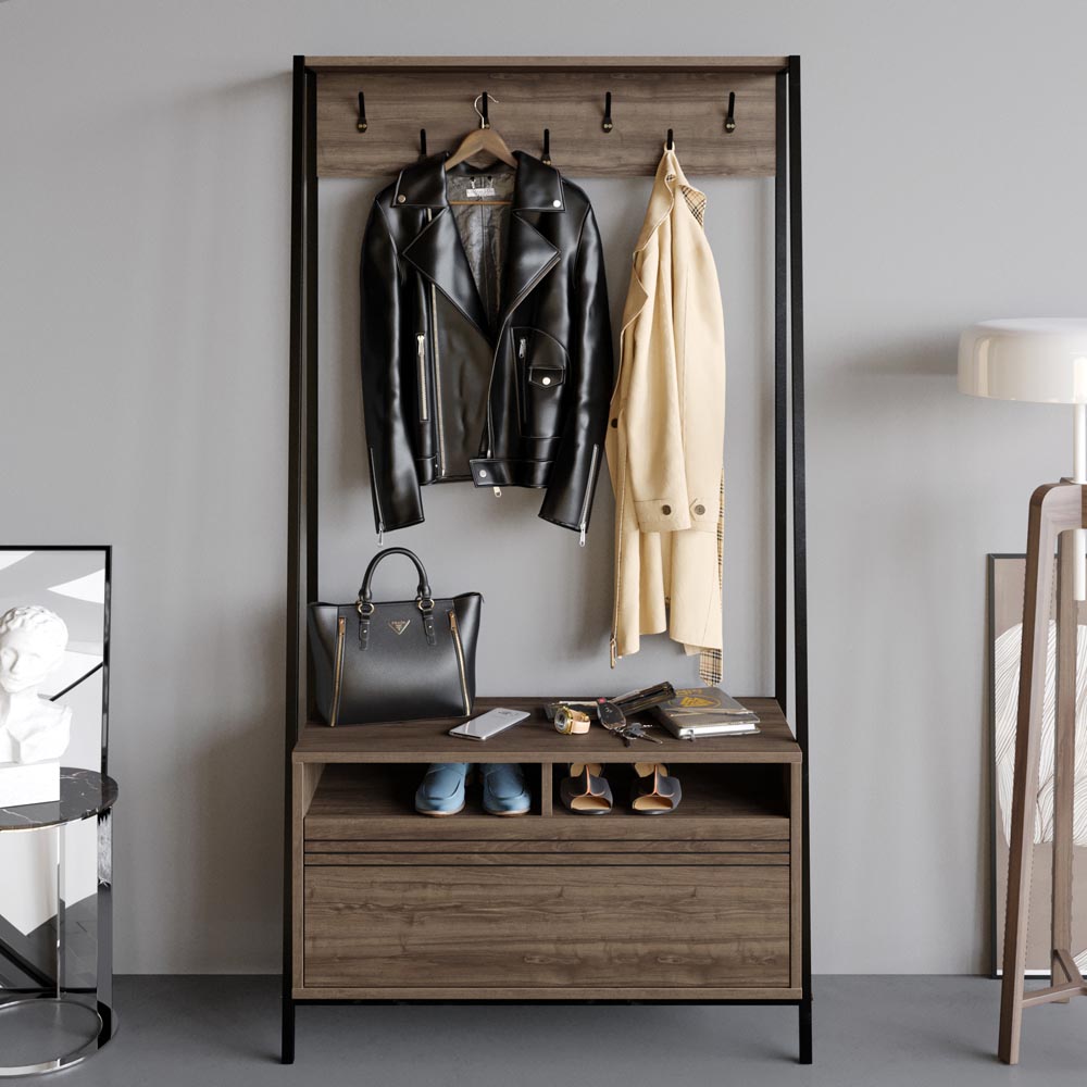 Decorotika Devin Single Door 2 Shelf Walnut and Black Coat and Shoe Rack Image 5