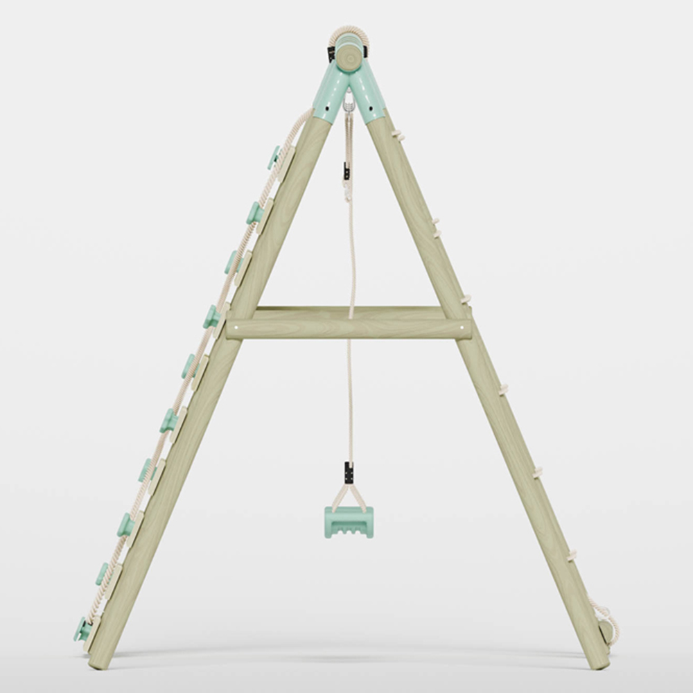 Mercia Wooden Round Pole Double Swing Set with Climbing Wall Image 5