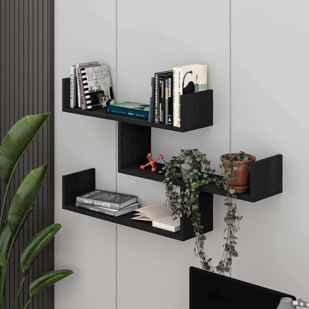 Decortie Tibet 3 Shelf Black Wood Zigzag Wall Mounted Bookcase Image 5