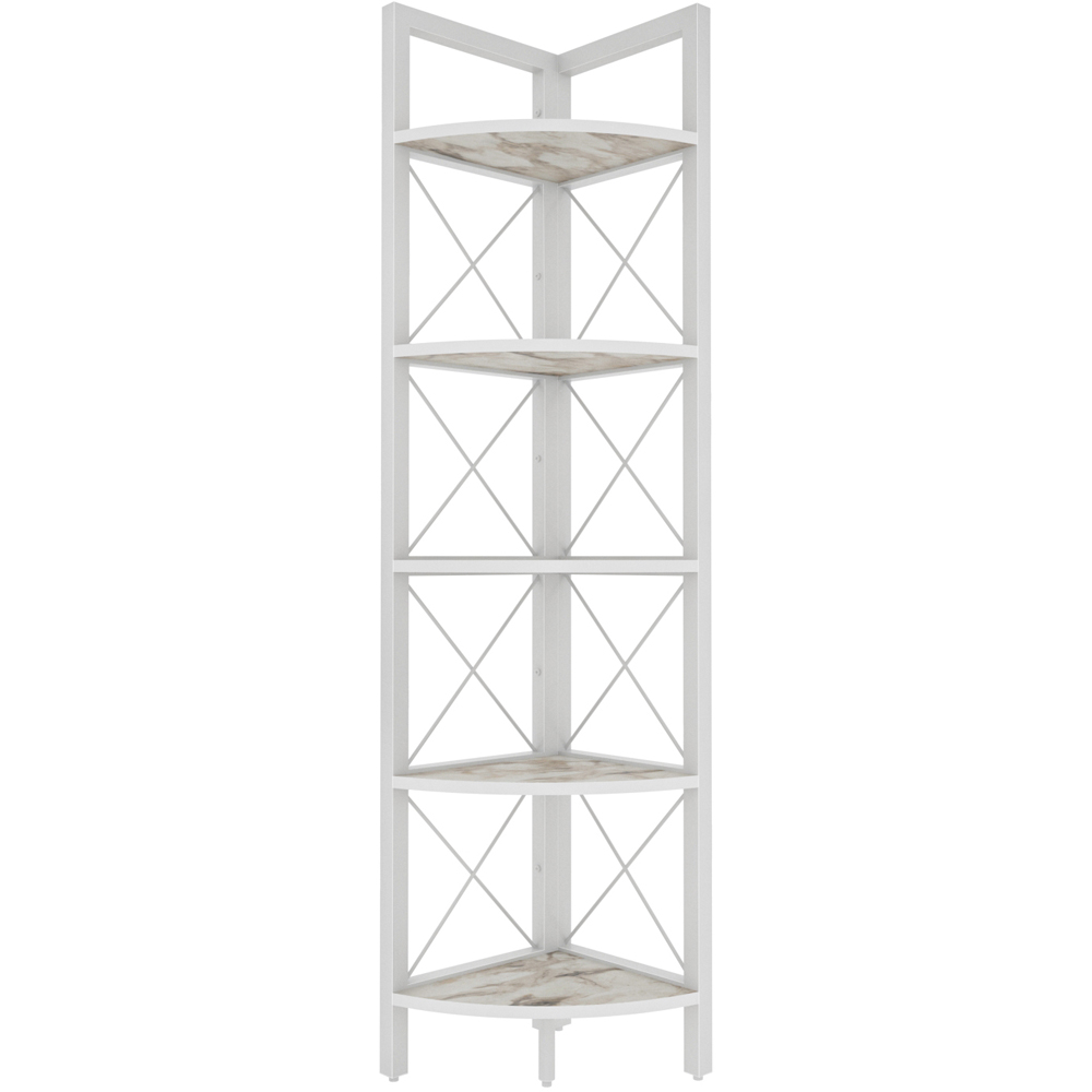 Decorotika Remo 5 Shelf White Marble Effect Metal Frame Corner Storage Rack Image 2