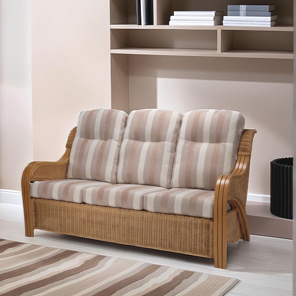Desser Furniture Opera 3 Seater Light Oak Natural Rattan Duke Beige Stripe Sofa Image 4