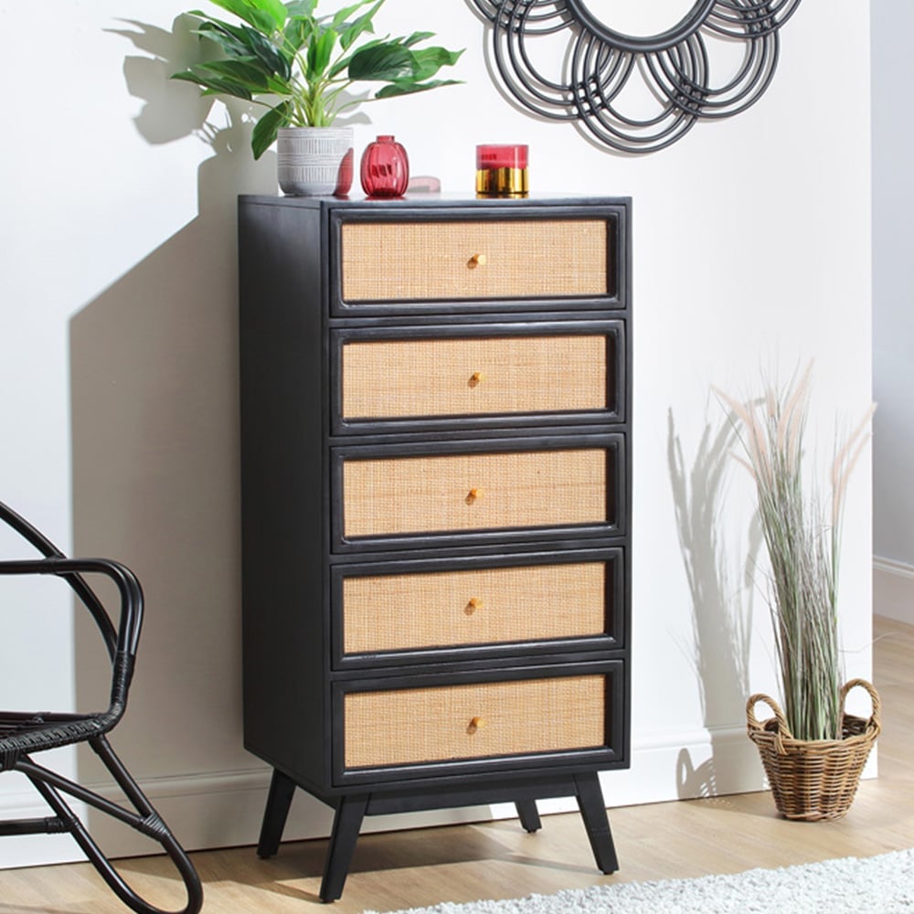 Desser Venice 5 Drawer Tall Black Rattan and Mango Wood Chest of Drawers