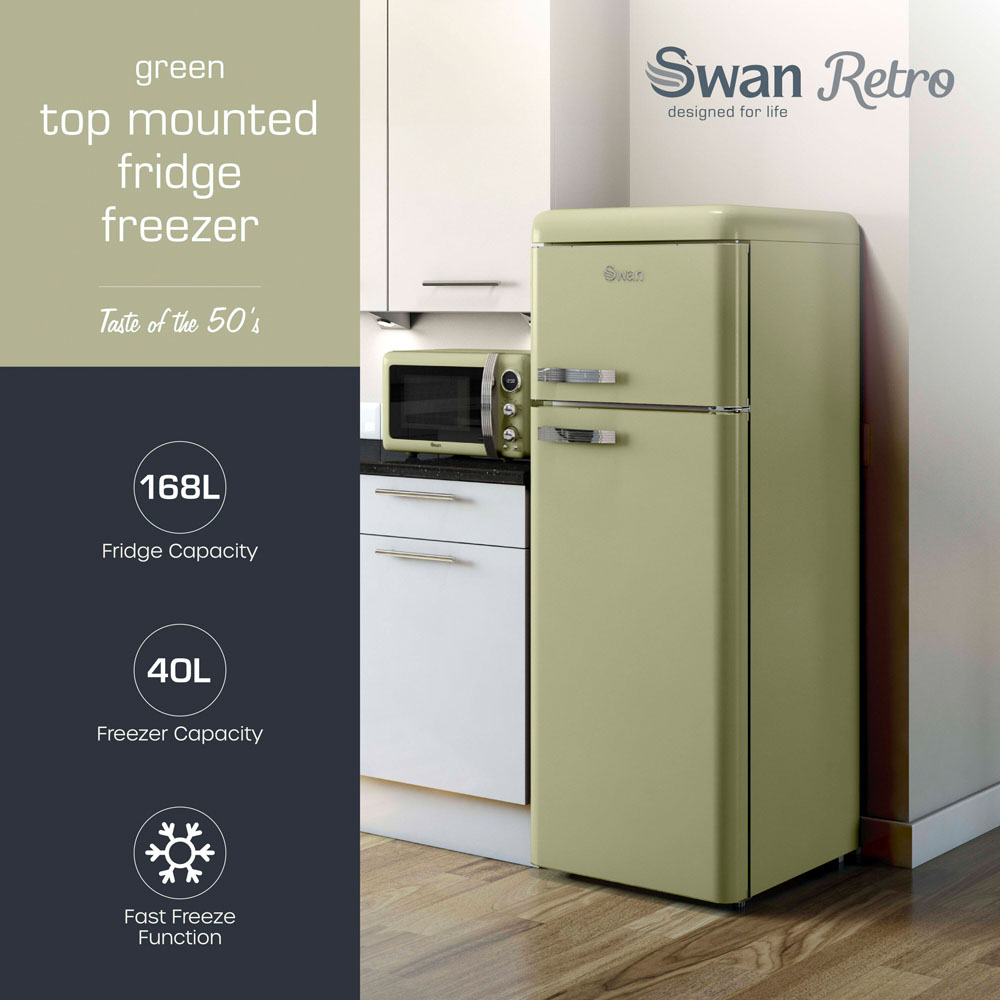 Swan Retro SR11010GNE Green 70/30 Compact 208L Top Mounted Fridge Freezer Image 2