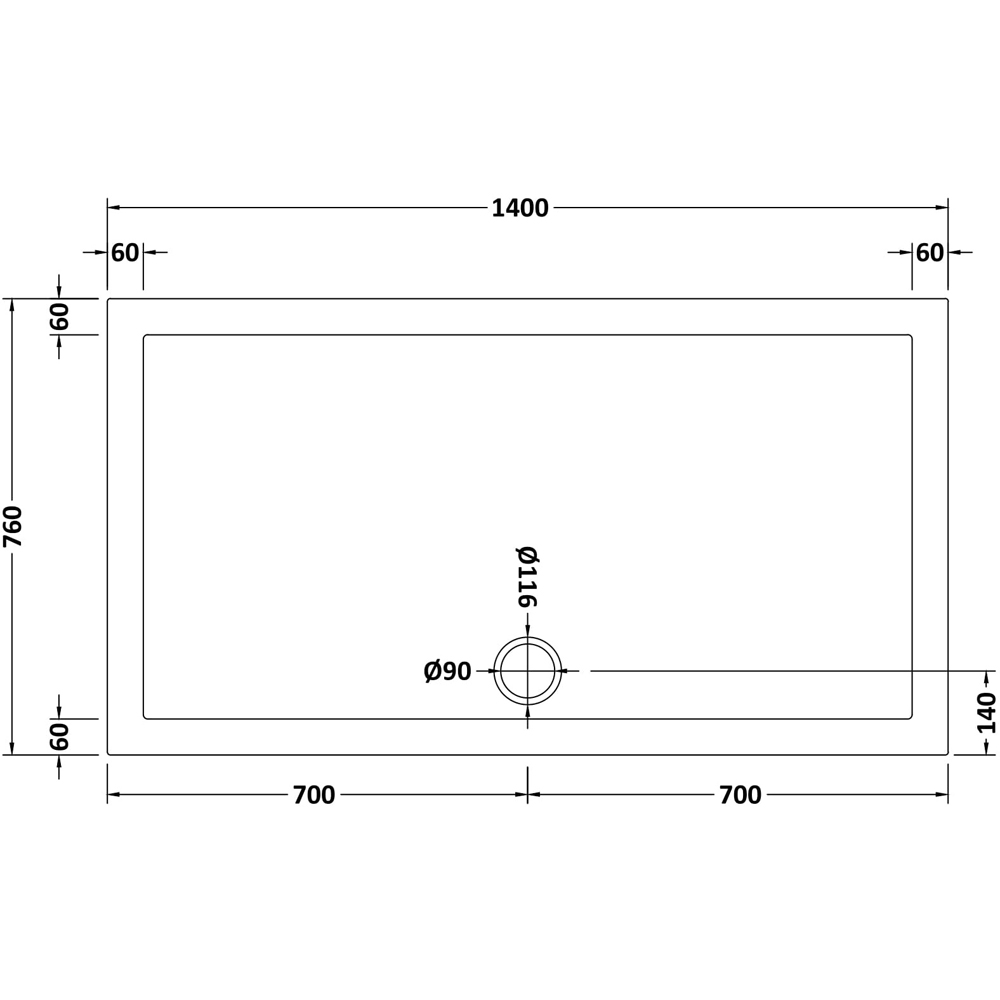 nuie White Rectangular Slimline Shower Tray 1400 x 760mm Image 2