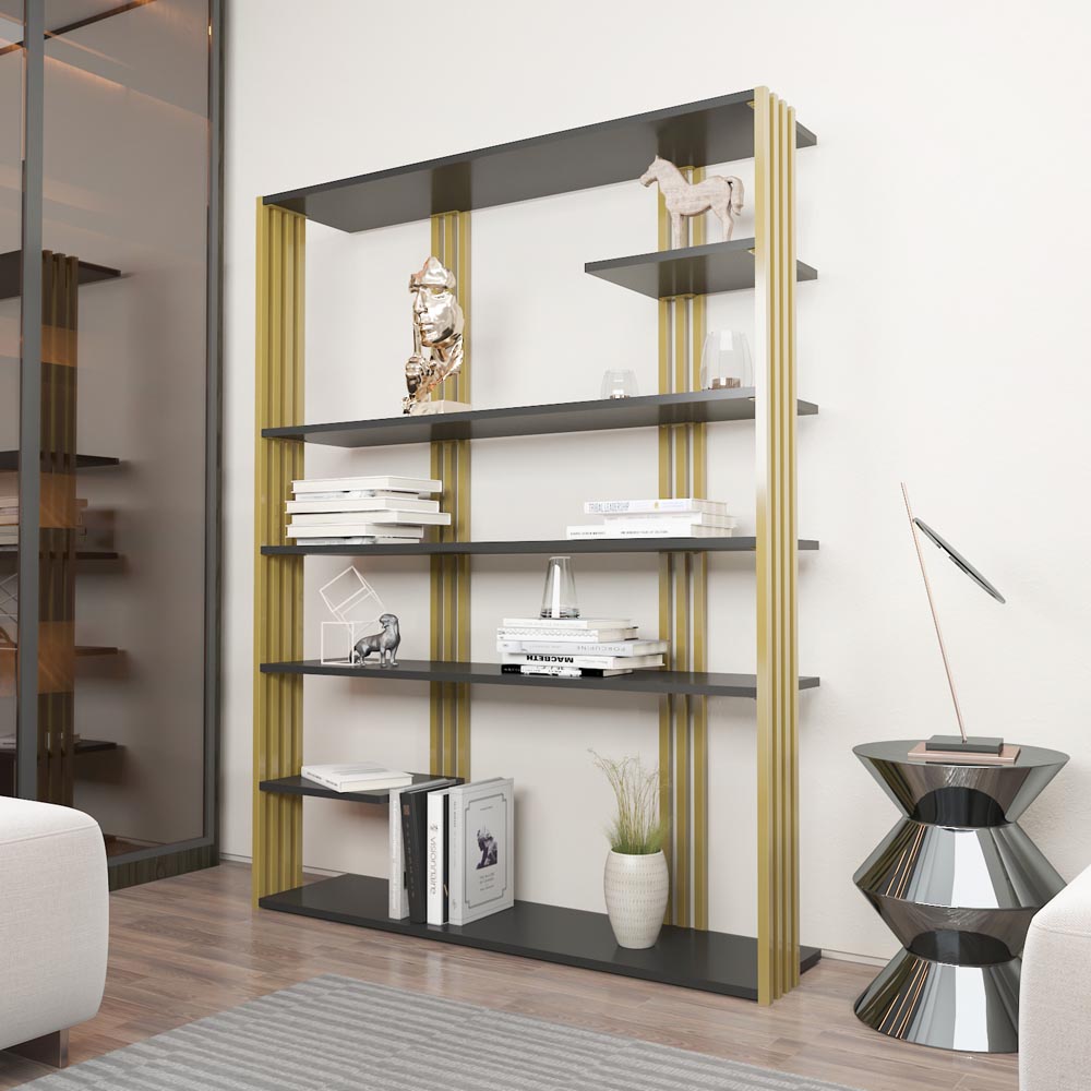 Decorotika Jeni 6 Shelf Anthracite and Gold Bookcase Image 6
