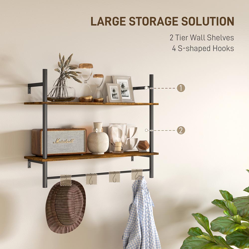 Portland 2 Tier Rustic Brown Wall Shelf Unit with 4 Hooks Image 7