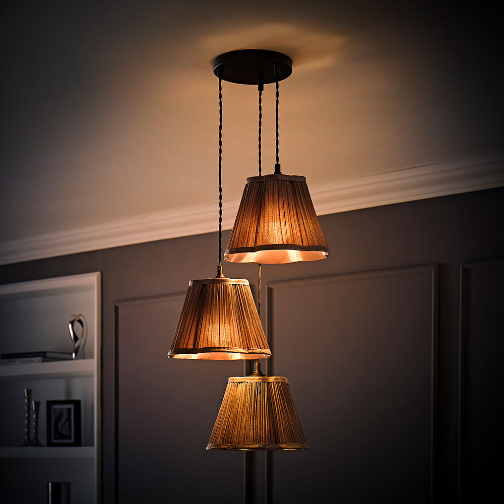 ValueLights Loralei Grey Pleated Faux Silk 3 Drop Cluster Black LED Ceiling Pendant Light Image 2