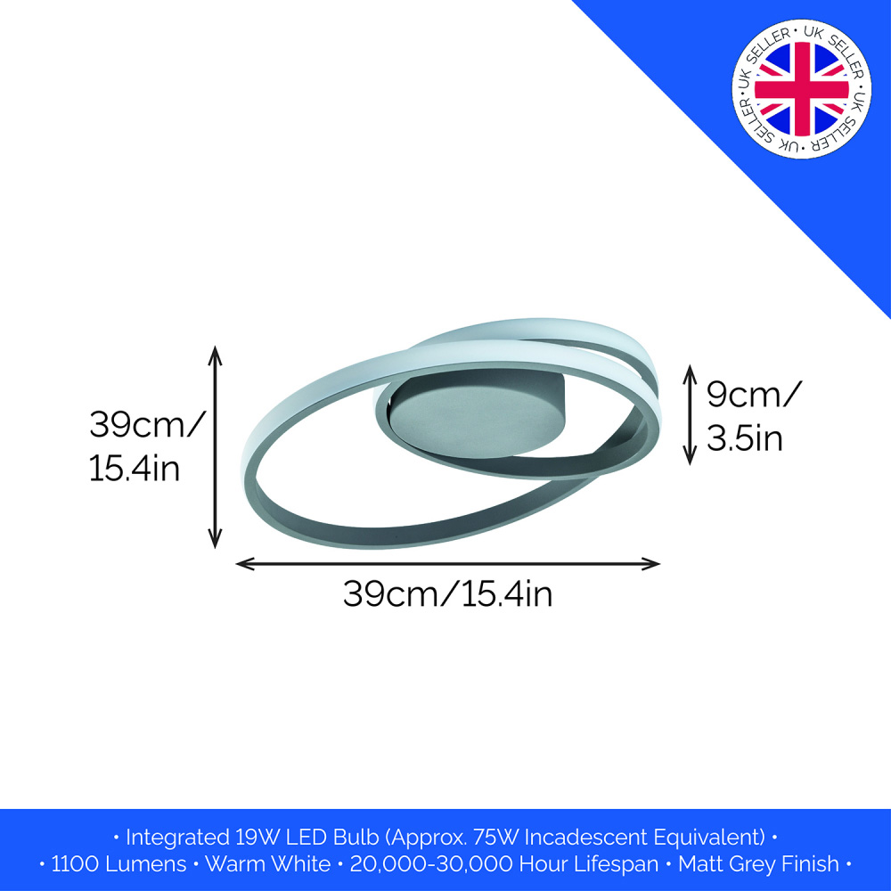 Happy Homewares Single Loop Strip Matt Grey Flush LED Powered Ceiling Light Image 6