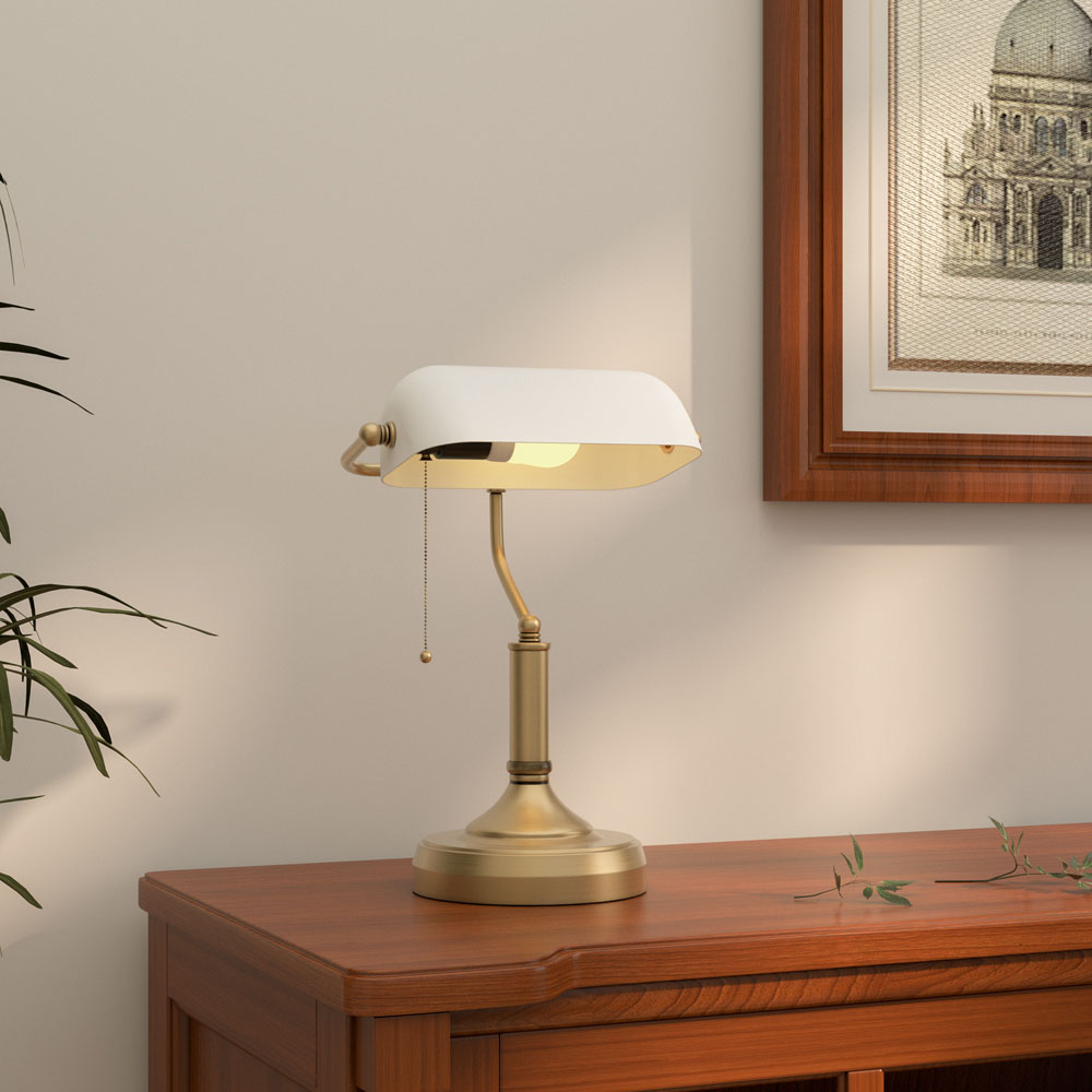 Portland White and Antique Bronze Banker's Table Lamp Image 2