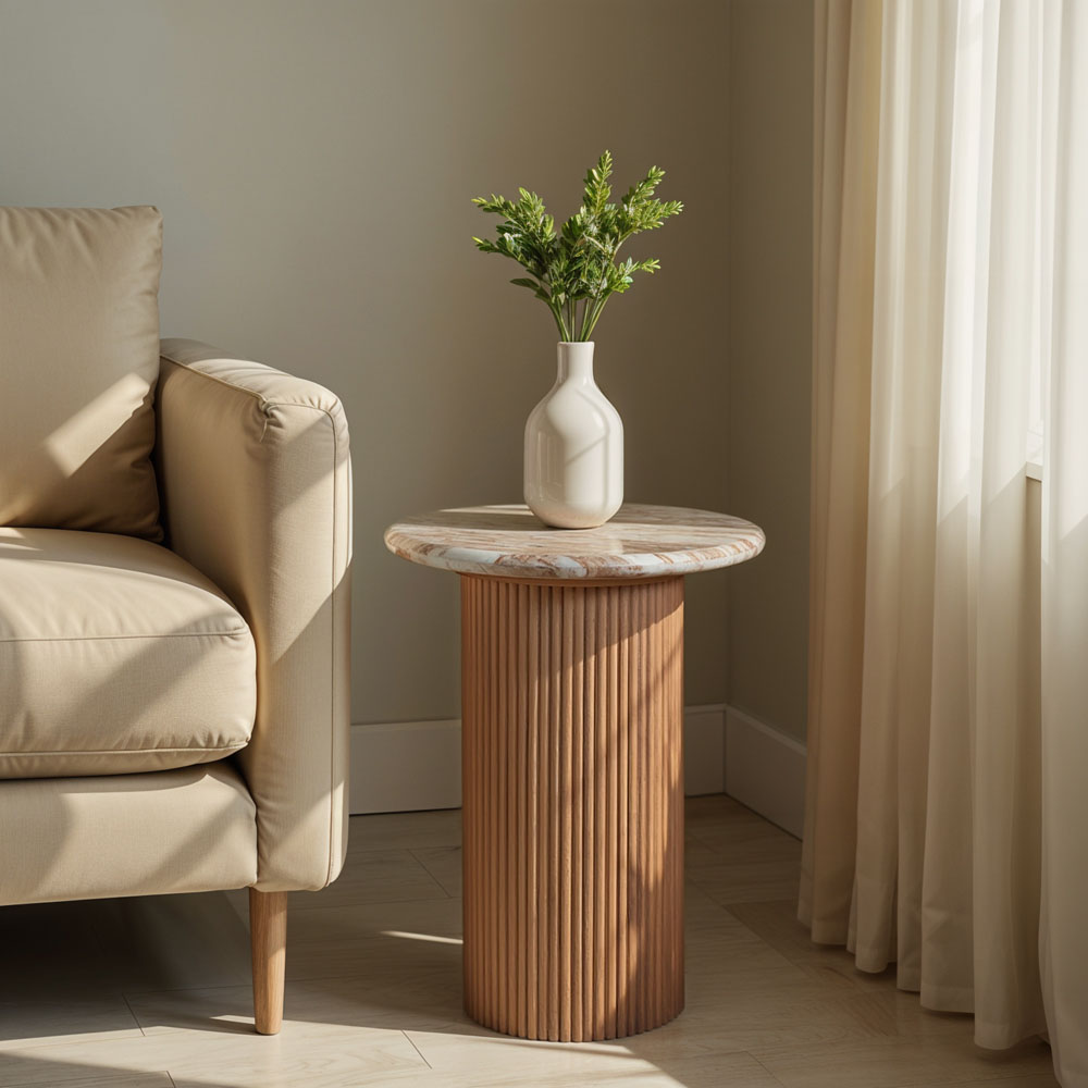 IH Design Bundi Natural Marble and Wood Pedestal Side Table Image 4