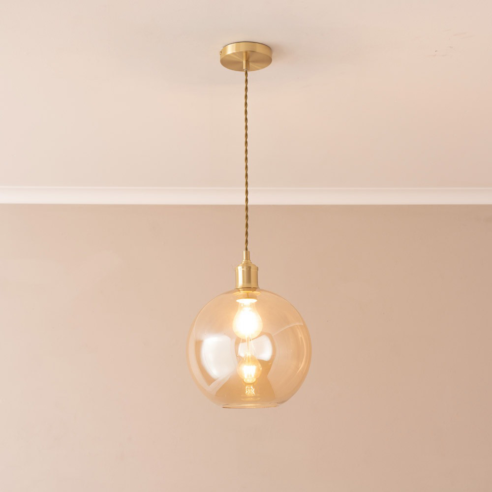 ValueLights Bellamy Single Amber Glass Globe Brushed Gold LED Ceiling Pendant Light Image 2