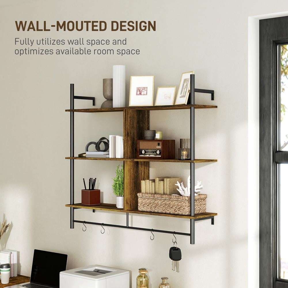 Portland 3 Shelf Rustic Brown Wall Unit with 4 Hooks Image 6
