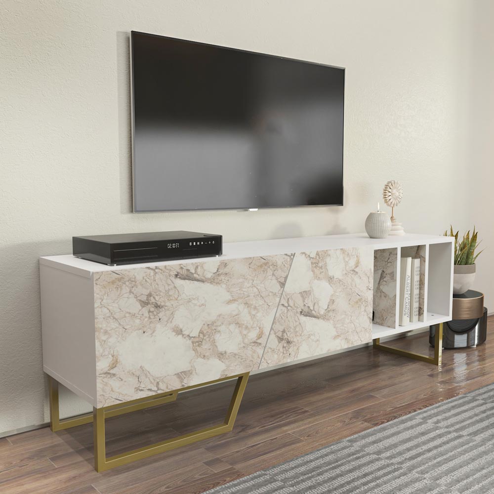 Decorotika Linossa 3 Shelf White Marble and Gold TV Unit Image 4