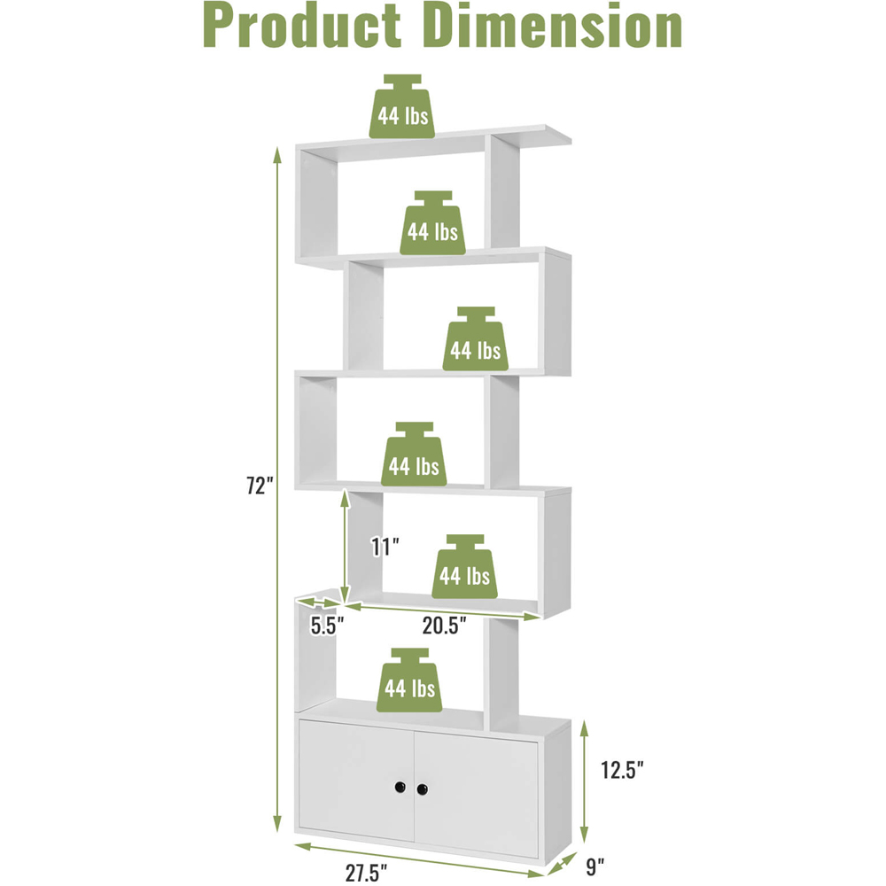 Costway 2 Door 5 Shelf White Bookcase Image 9