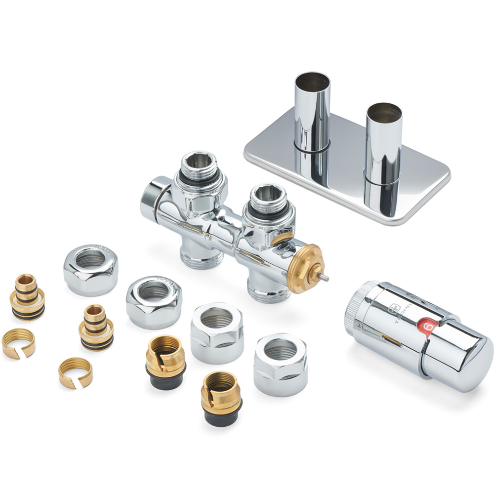 Terma Vario Chrome Left or Right Sided Twins Angled Integrated Thermostatic Radiator Valve Set 50mm Image 2