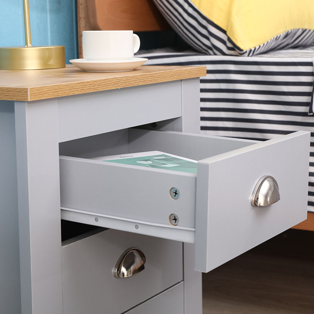 FurnitureHMD 2 Drawer Grey and Oak Effect Wooden Bedside Table Set of 2 Image 4