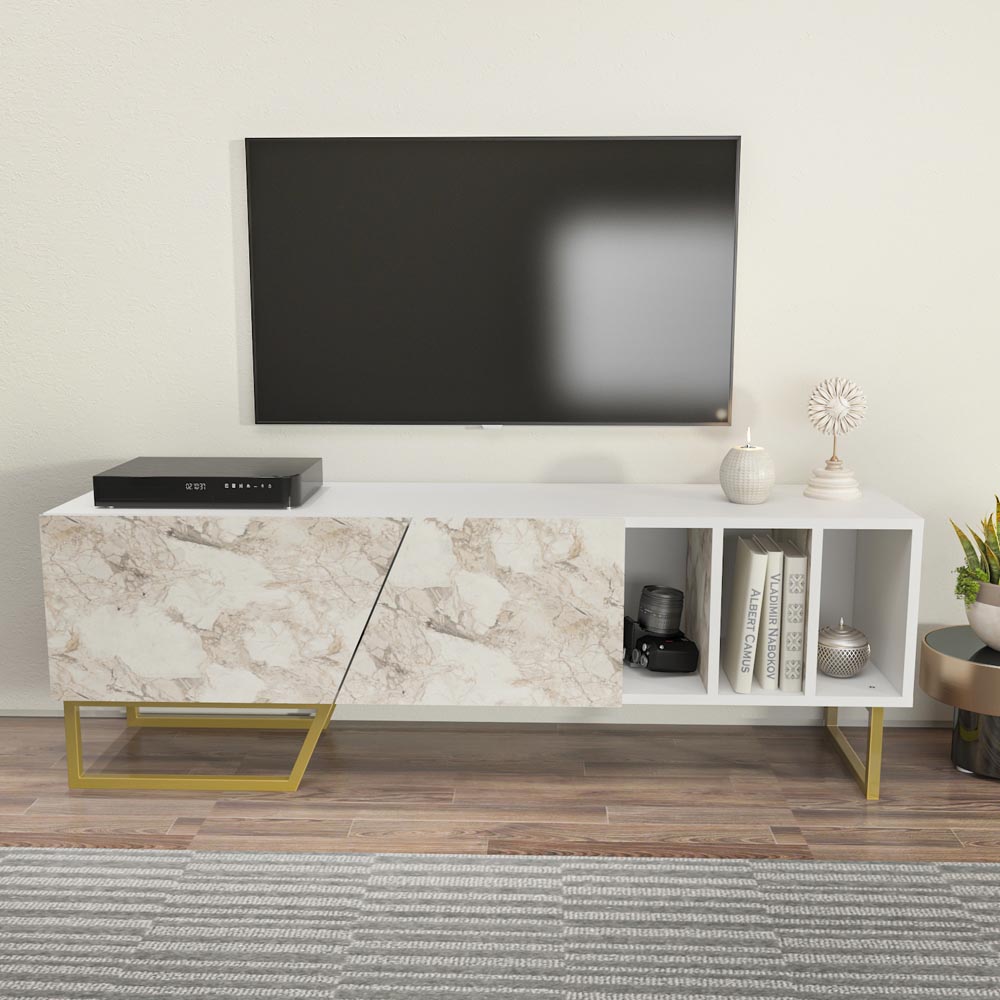 Decorotika Linossa 3 Shelf White Marble and Gold TV Unit Image 3