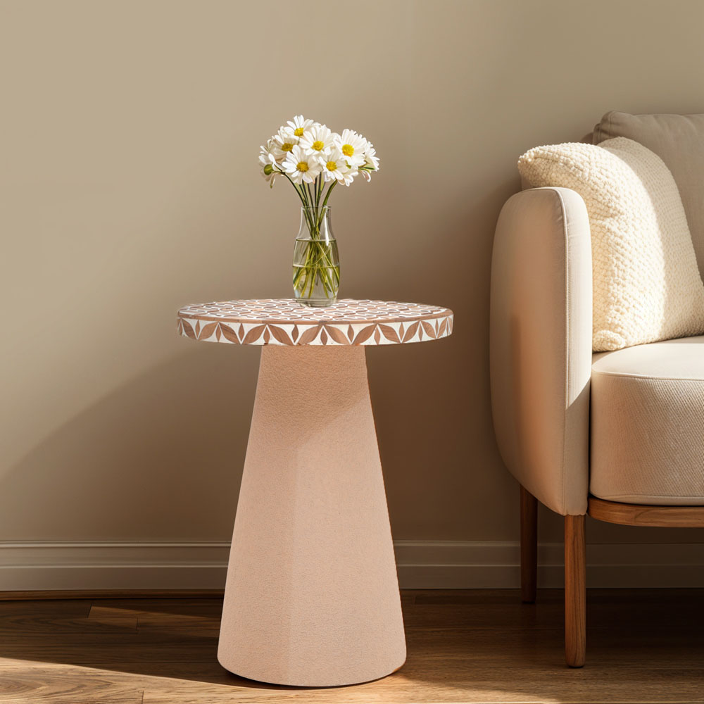 IH Design Acacia Wood Inlay Floral Round Side Table Image 5