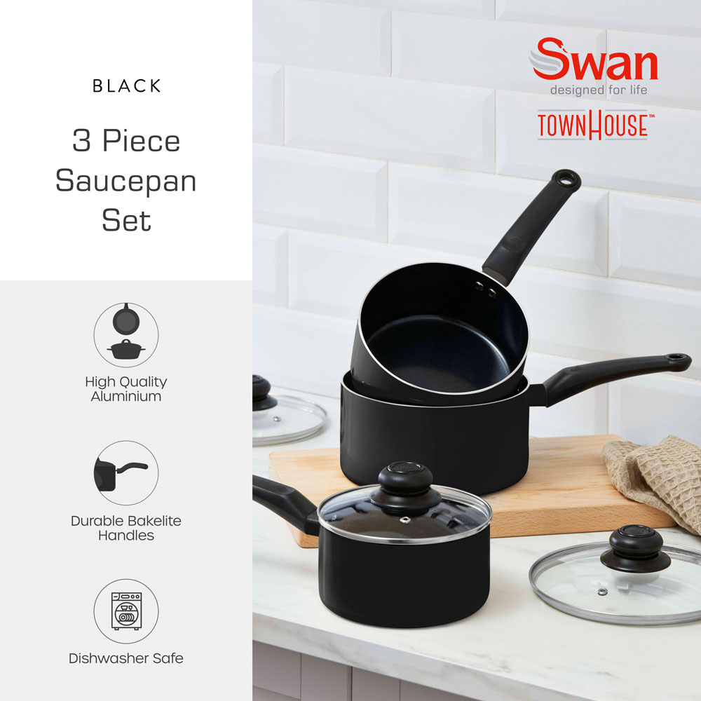 Swan Townhouse 3 Piece Black Saucepan Set Image 2