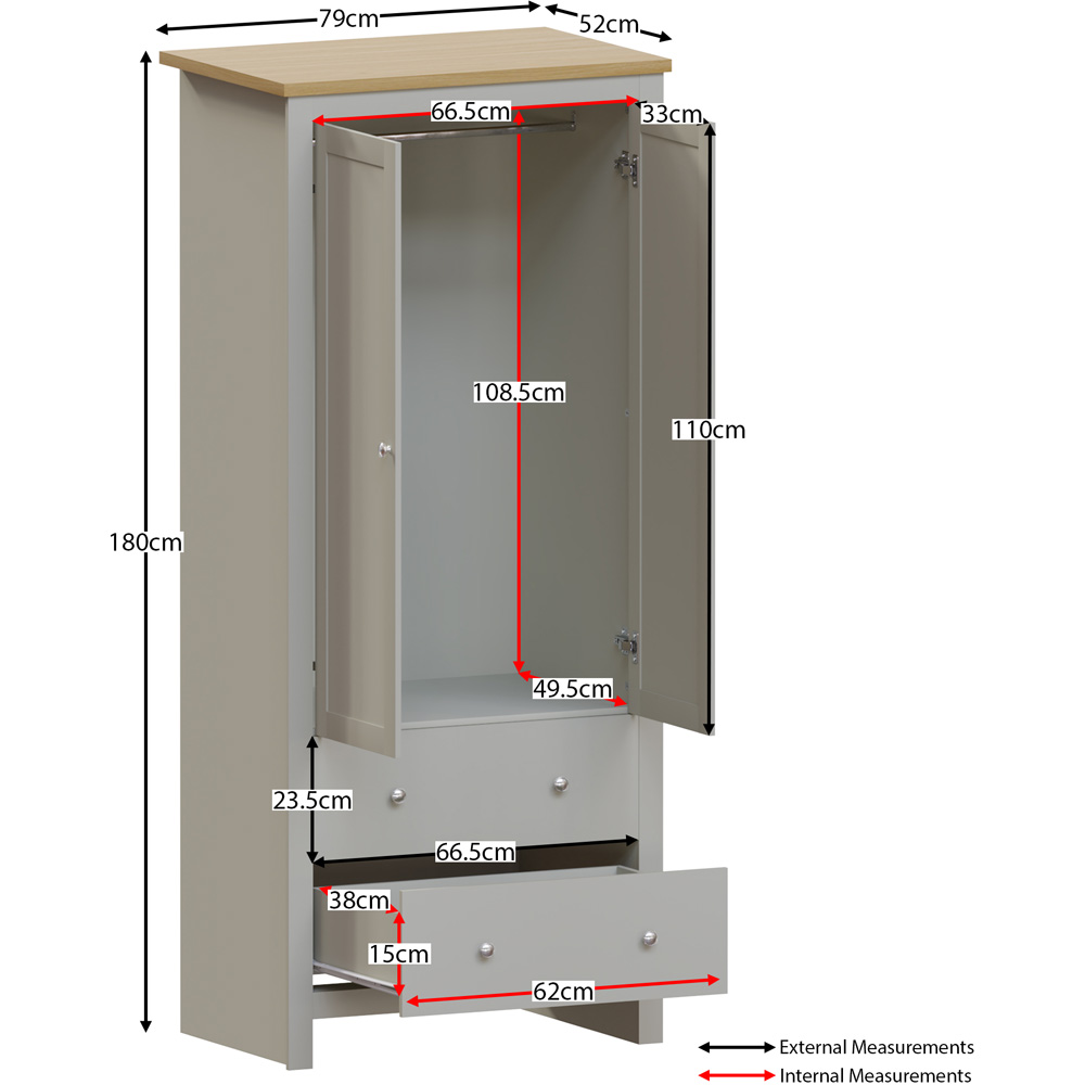 Vida Designs Arlington 2 Door 2 Drawer Grey Wardrobe Image 8
