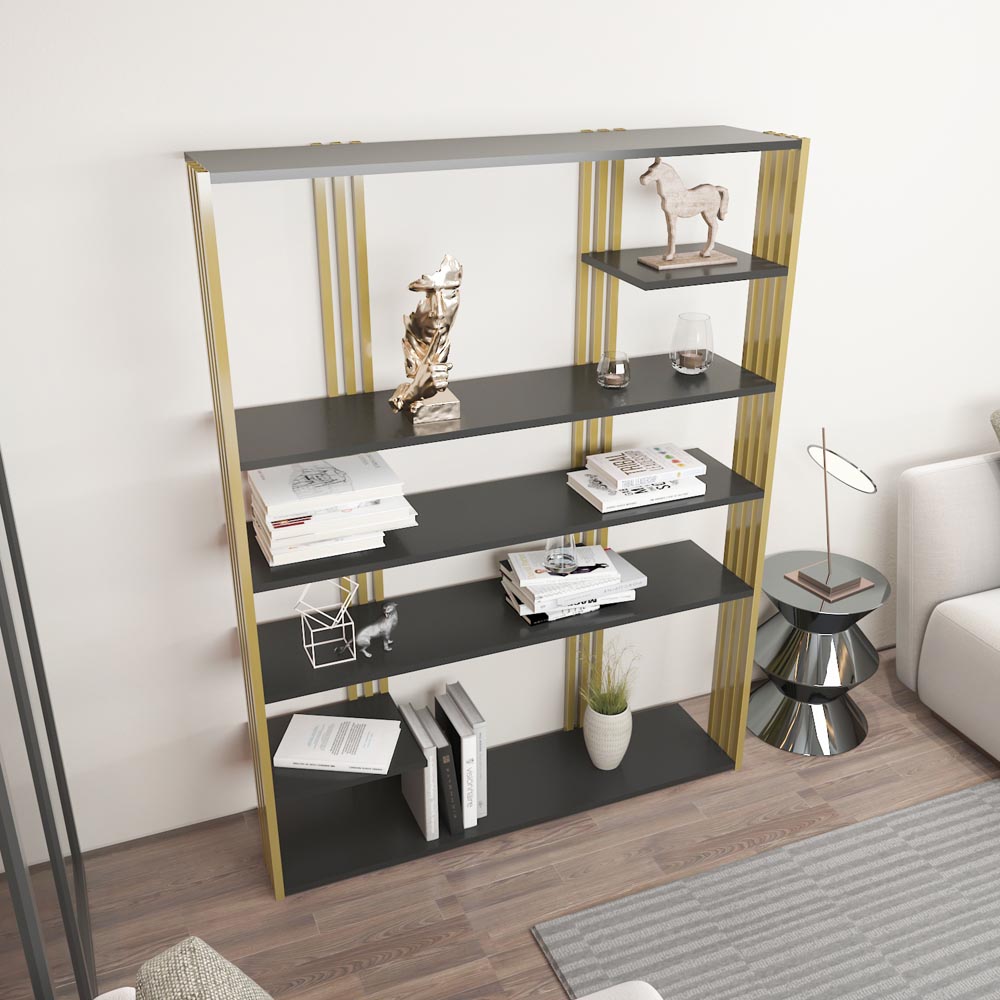 Decorotika Jeni 6 Shelf Anthracite and Gold Bookcase Image 4
