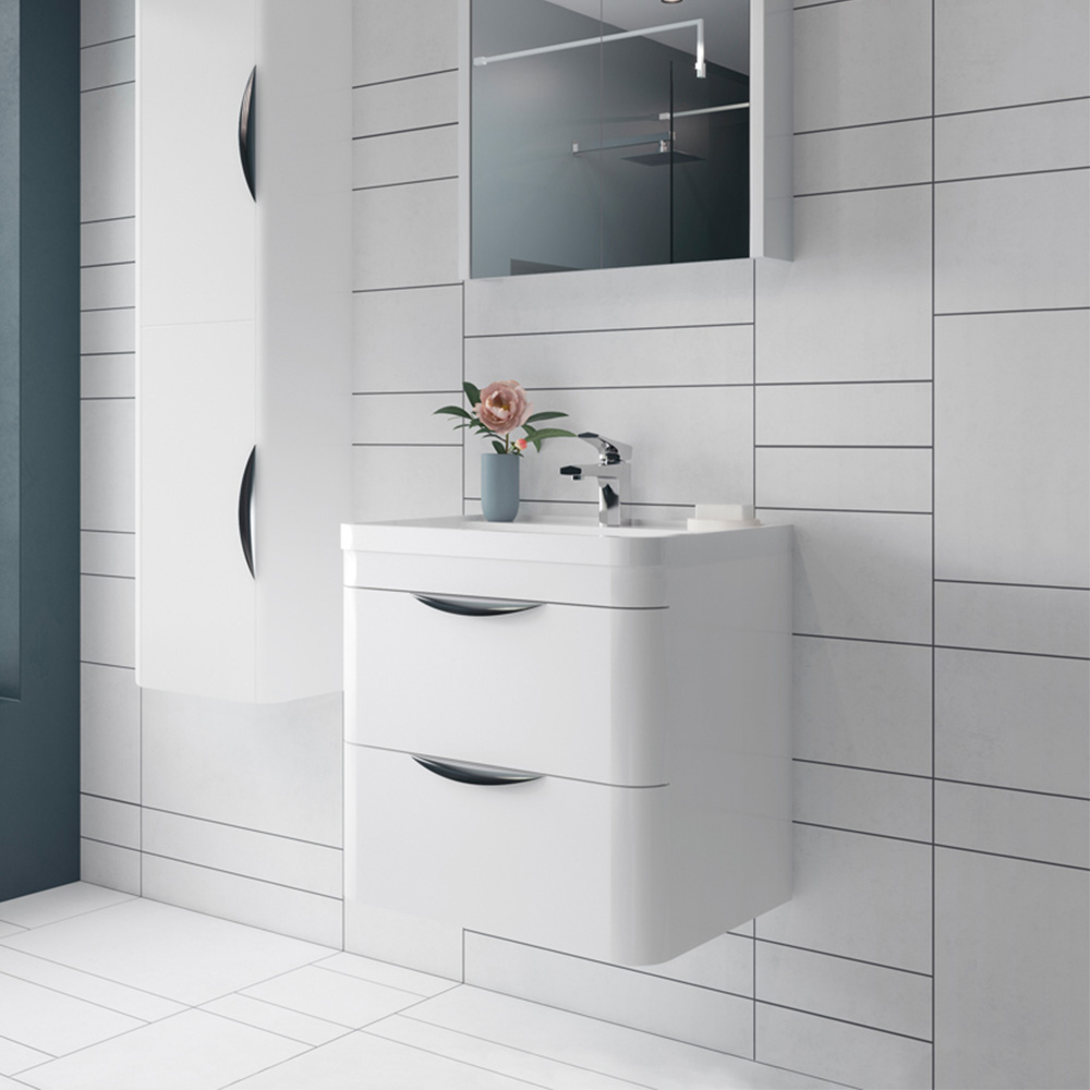 nuie Parade 2 Drawer Gloss White Wall Hung Vanity Unit and 1 Tap Hole Ceramic Basin 800mm Image 2