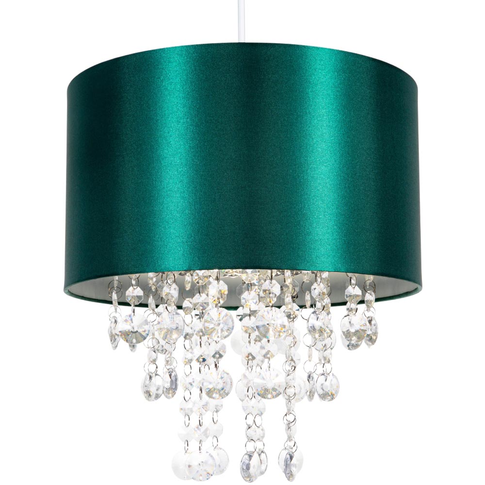 Happy Homewares Forest Green Satin Fabric Pendant Shade with Transparent Acrylic Droplets Image 4