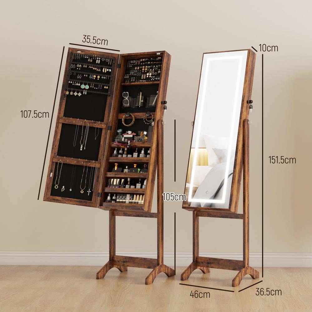 Portland Rustic Brown Mirrored Lockable Jewellery Cabinet with LED Light Image 9