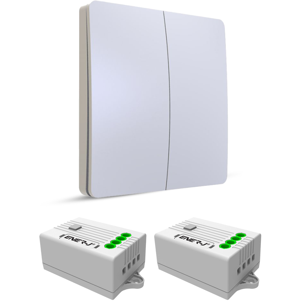 ENER-J 2 Gang White Wireless Kinetic Switch with 2 Pack 500W RF Receiver Module Image 1