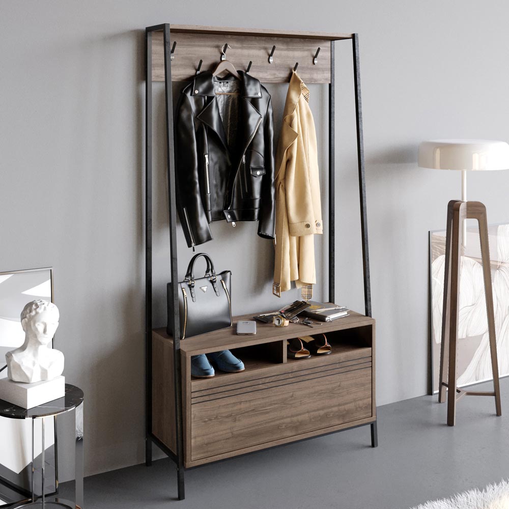 Decorotika Devin Single Door 2 Shelf Walnut and Black Coat and Shoe Rack Image 2