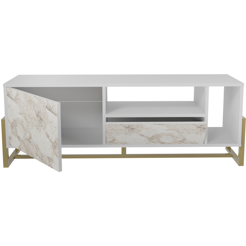 Decorotika Utopie Single Drawer Single Door 2 Shelf White and White Marble Effect TV Unit Image 3