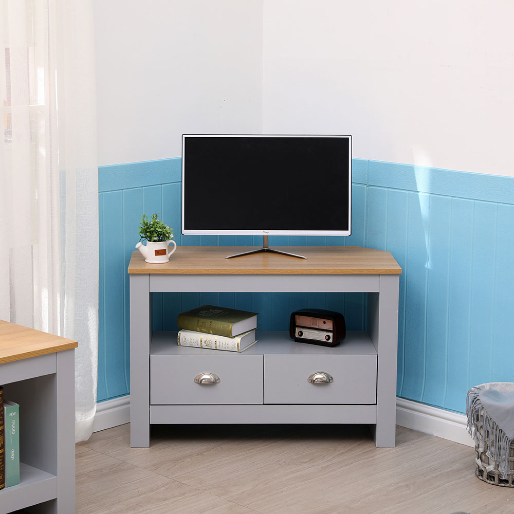 FurnitureHMD 2 Drawer Single Shelf Grey and Oak Effect Wooden Corner TV Unit Image 8