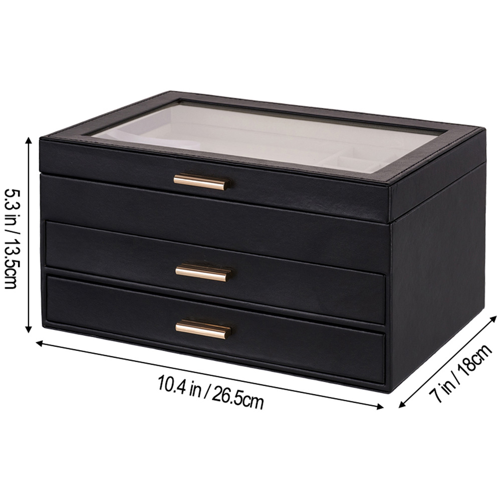Living and Home 2 Drawer Black PU Leather Jewellery Box with Transparent Lid Image 8