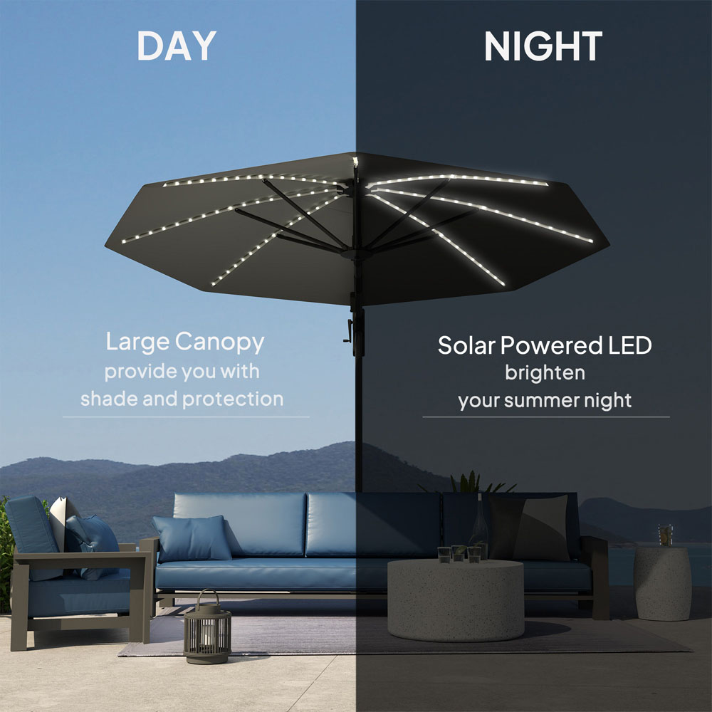 Outsunny 2 Tier Dark Grey Solar LED Crank Handle Parasol with Cross Base 3m Image 6