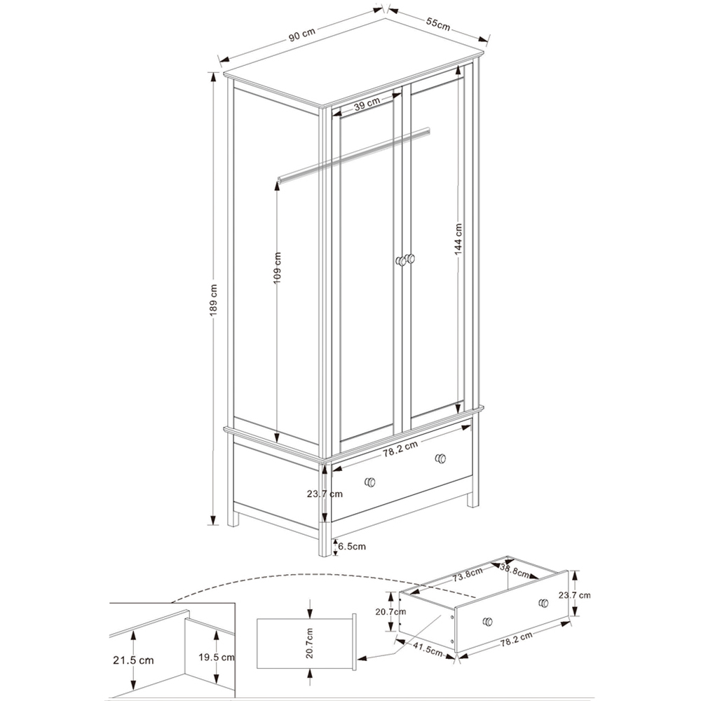 Core Products Nairn 2 Door Single Drawer White Wardrobe Image 6