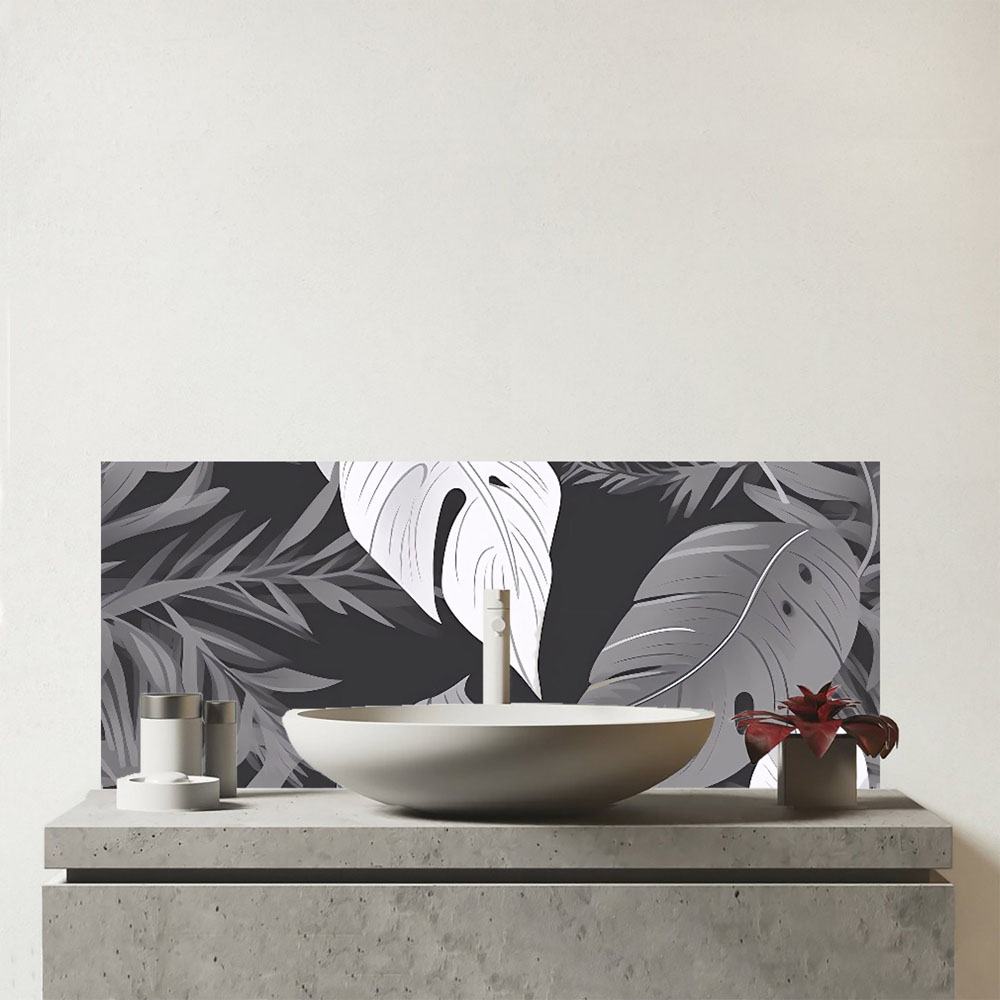 Warren Reed Designer Black White Tropical Leaves Glass Bathroom Splashback 25 x 60cm Image 1