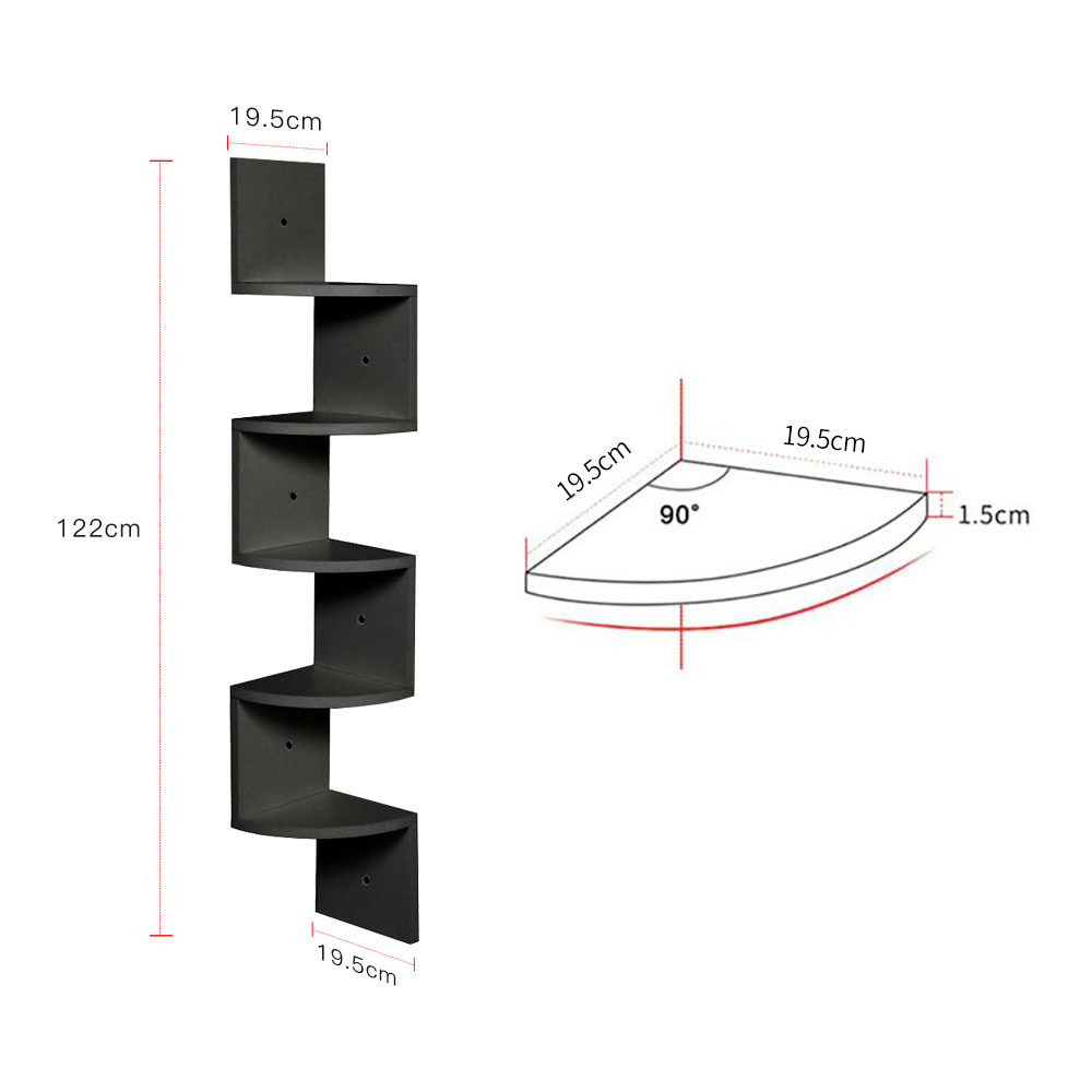 Living and Home 5 Tier Black Wooden Zigzag Floating Corner Shelves Image 5