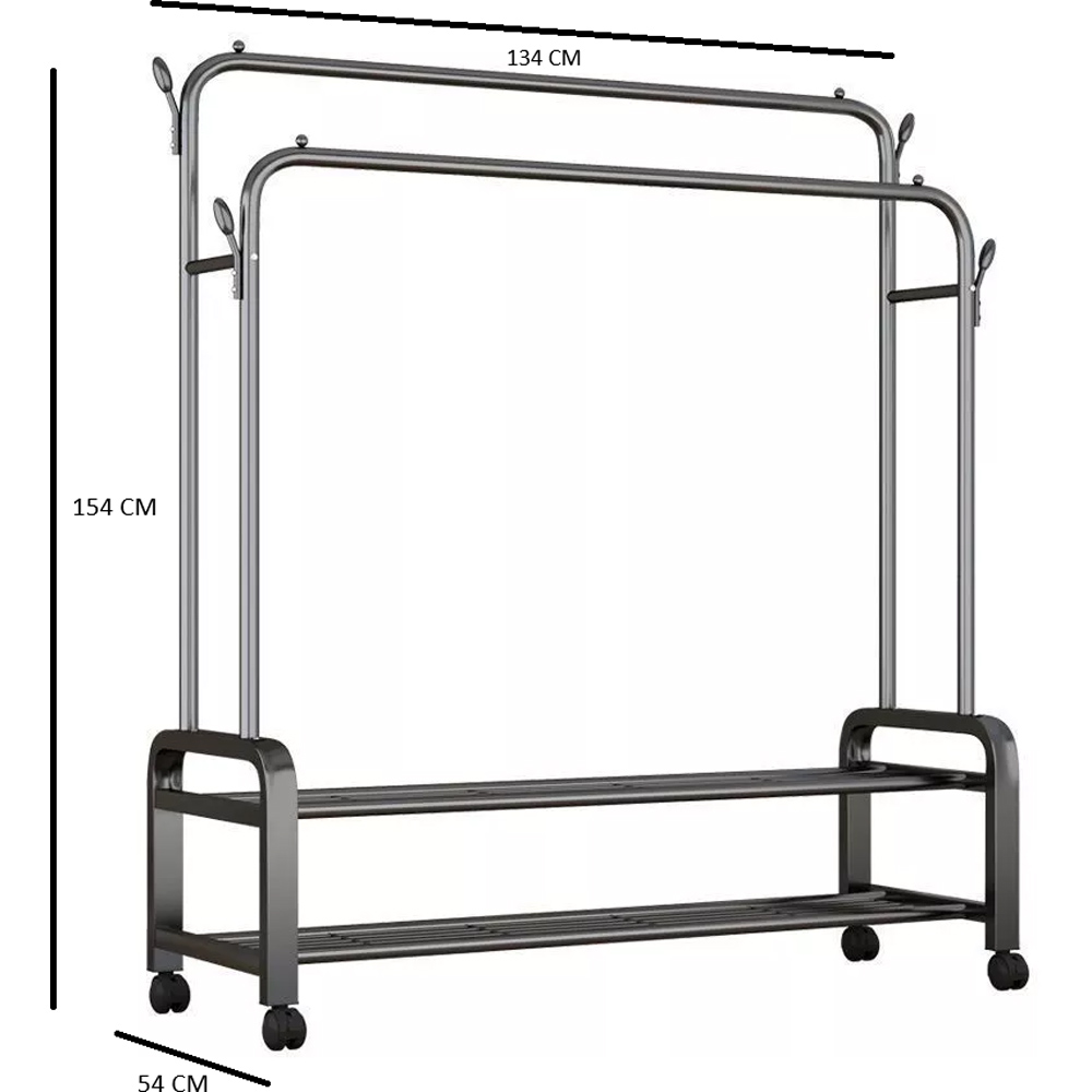 Modcraft 2 Shelf Black Heavy Duty Double Rail Clothes Rack with Wheels Image 6